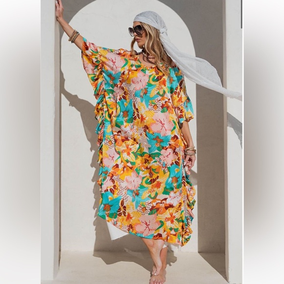 New Fabulous TROPICAL PRINT CHALLIS MIDI RESORT DRESS - Picture 2 of 7